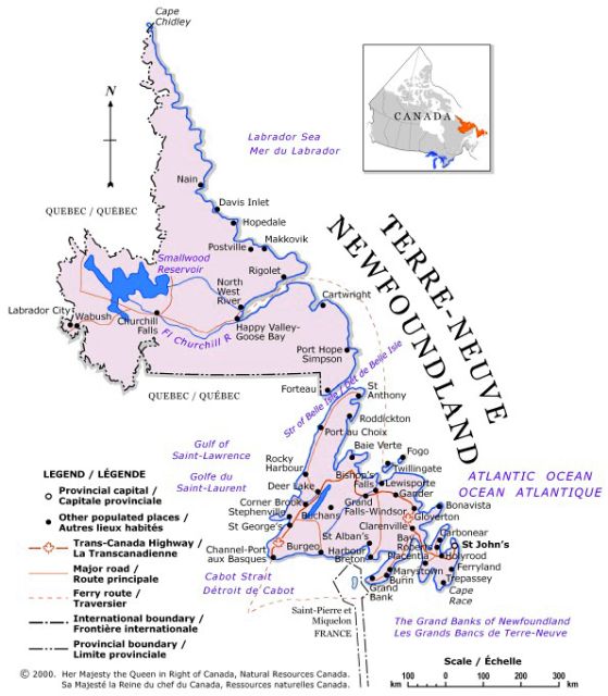 Map of Newfoundland and Labrador, Canada